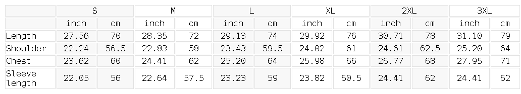 American Psycho Hoodie size chart