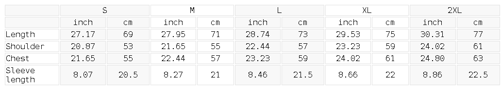 Halloween T-Shirt size chart